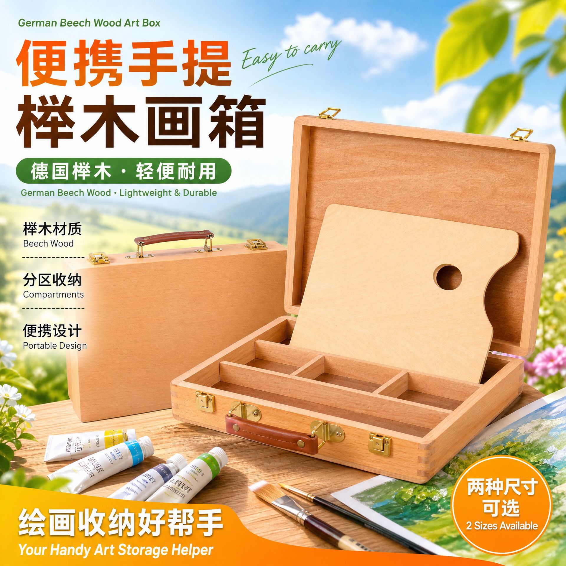 榉木手提欧式画箱轻便型写生美术工具收纳箱手提简易工具油画箱