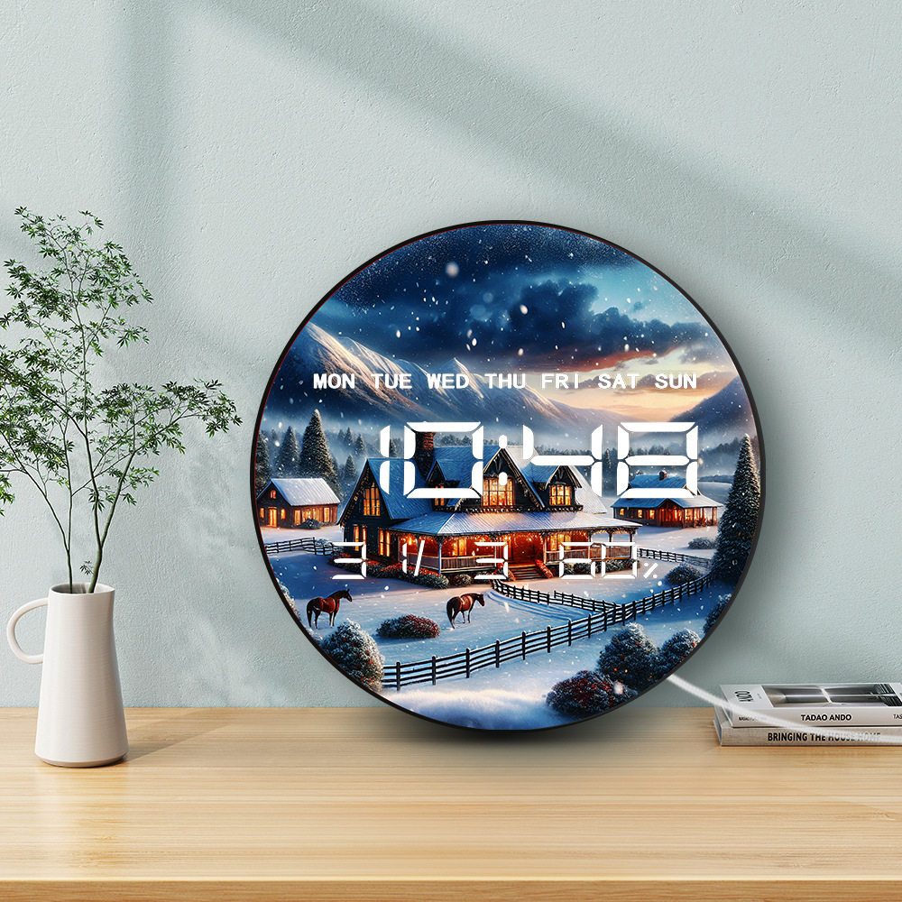 山谷雪景小屋背景圆形挂钟电子多功能家用时钟温度湿度静音墙钟