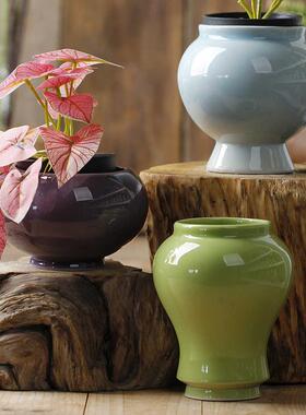 现代简约绿色月亮罐餐桌装饰花盆有孔陶瓷花瓶玄关客厅高级感