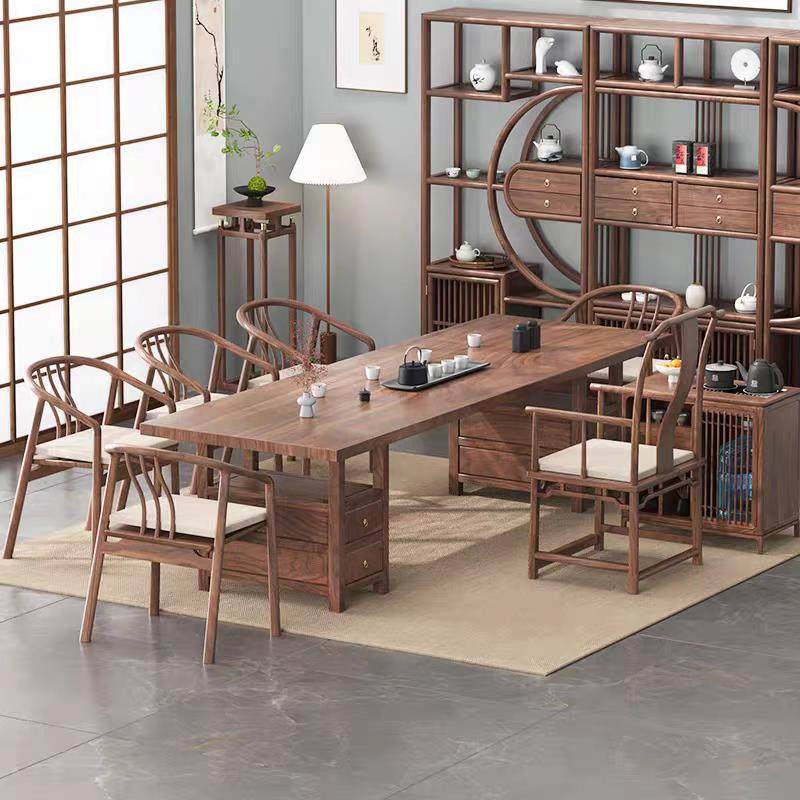 新中式实木大板茶桌椅组合胡桃木原木茶几家用阳台泡茶桌抽屉桌脚