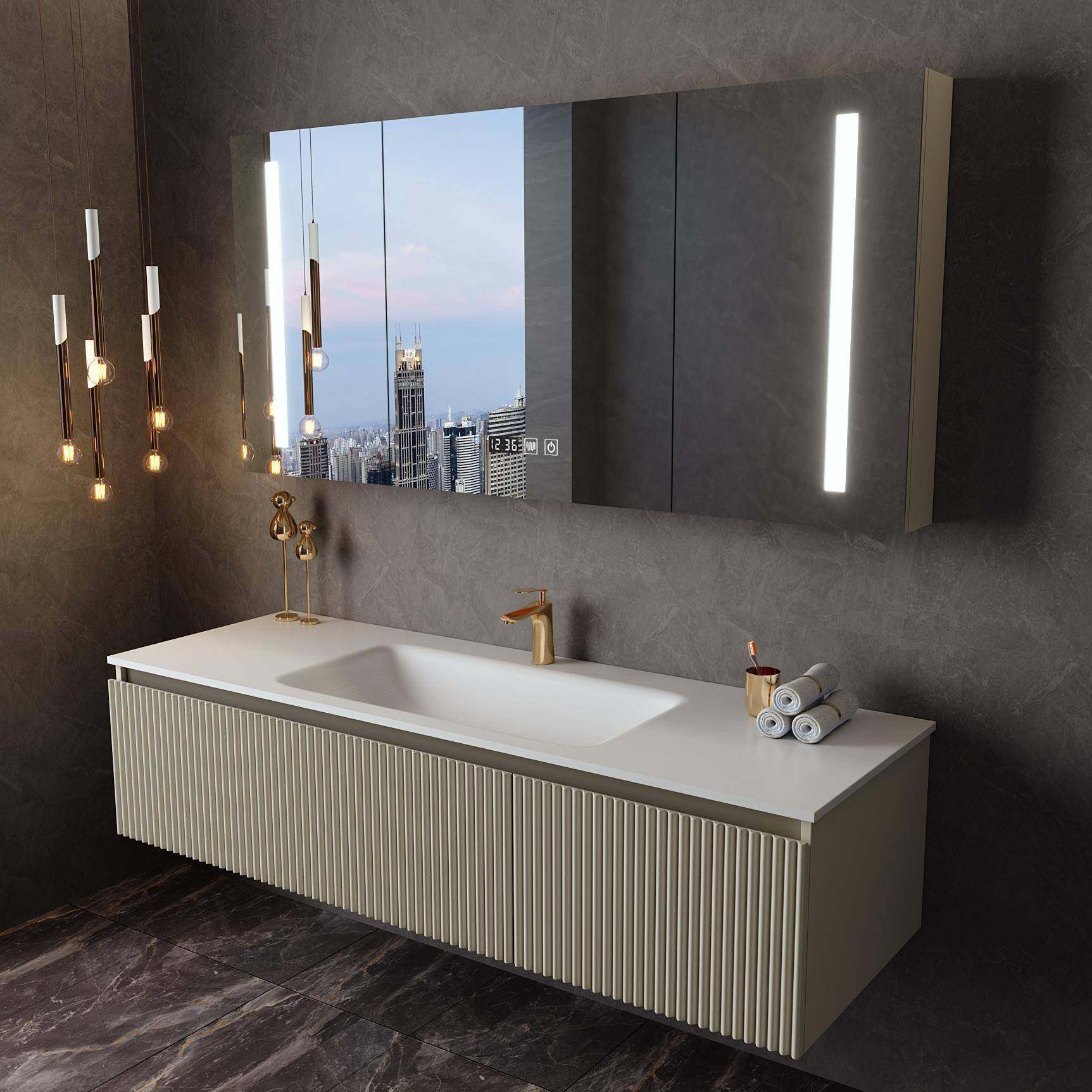 新款实木岩板热弯一体盆浴室柜组合卫生间陶瓷洗手洗脸洗漱台