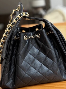 真皮小香风25c包bag黑金牛皮抽绳包hobo腋下包菱格链条单肩嬉皮包