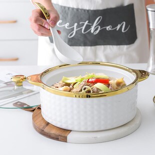 金边汤碗家用大号汤盆创意防烫双耳陶瓷带盖勺品锅大容量汤碗