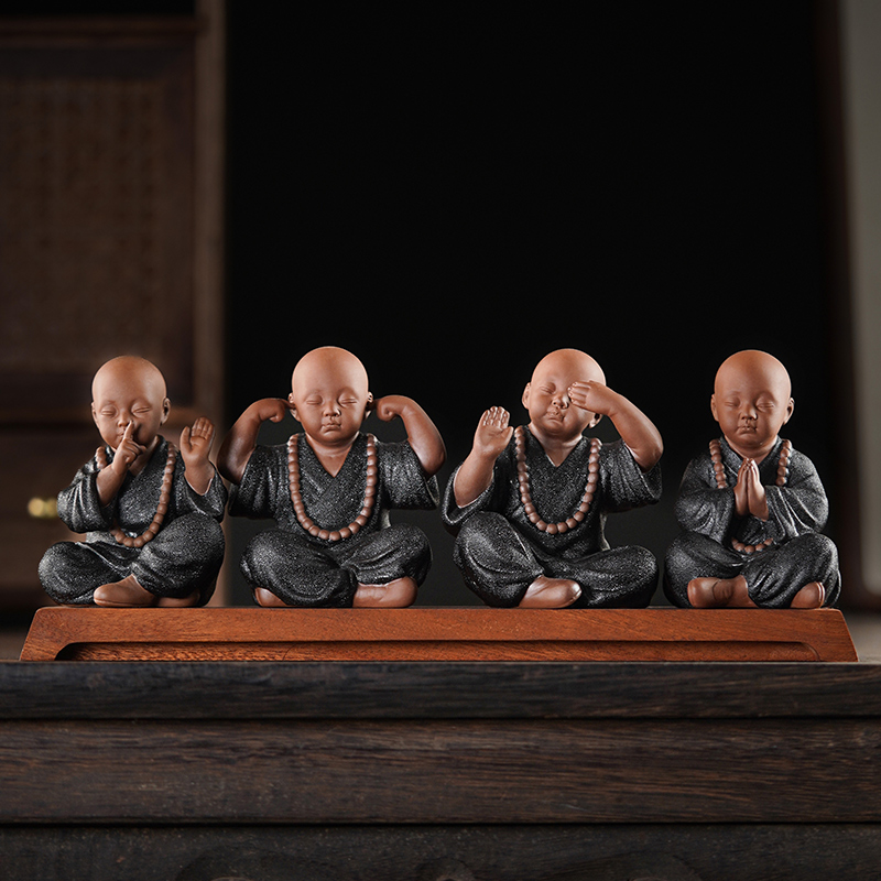 创意紫砂a四不小和尚摆件禅意中式茶室桌面装饰陶瓷小沙弥茶宠茶