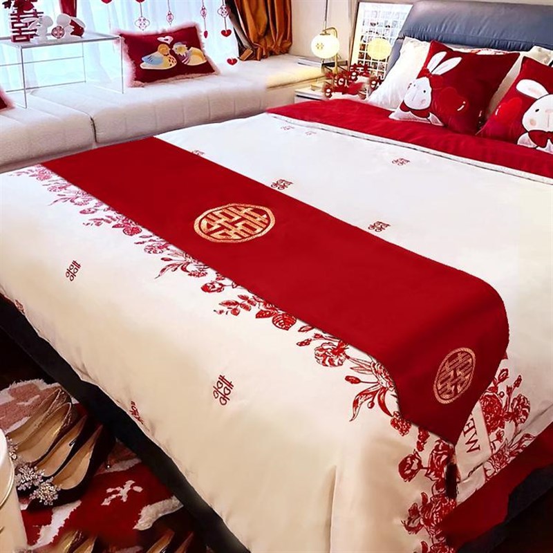 红色喜庆床c旗结婚婚房床尾搭巾新婚床上用品喜字桌旗茶几茶台桌