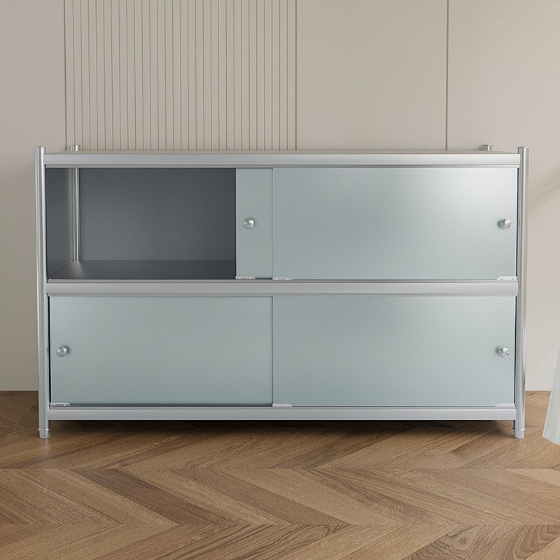 厨房置物架家用不锈钢货架带柜门收纳微波炉菜架子落地式多层橱柜