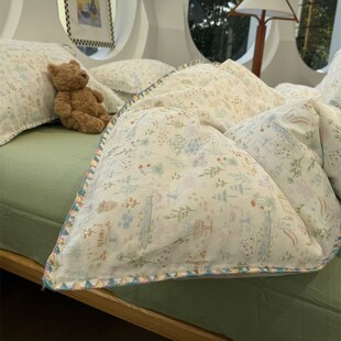 A类少女心母婴级卡通涂鸦彩边双层纱纯棉四件套1.5m1.8米全棉三件