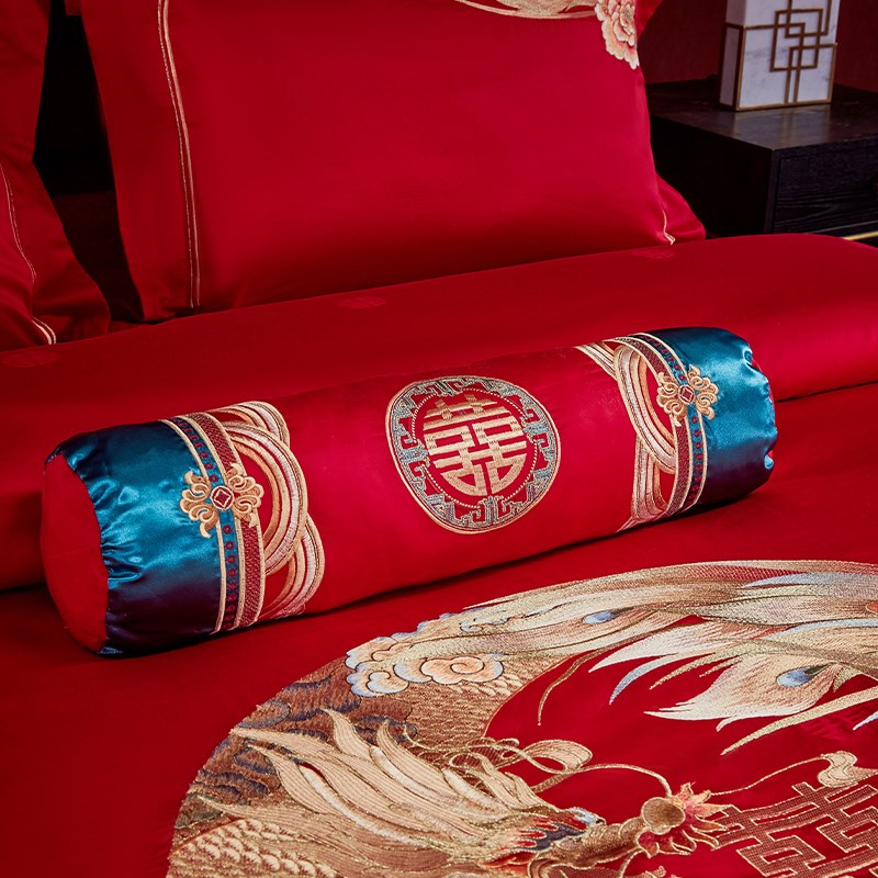 中式婚礼龙凤四件套全棉100S长绒棉刺绣大红色结婚被套床单床品