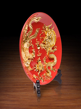 结婚礼物送新人漆线雕龙凤呈祥摆件客厅装饰盘子实用高档新婚礼品