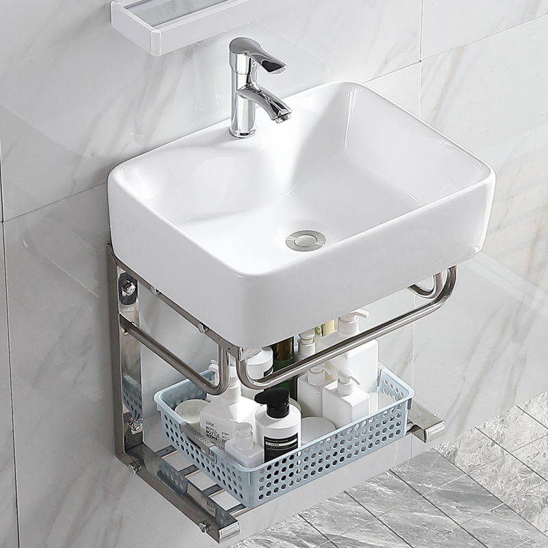 不锈钢挂墙式洗脸盆柜组合卫生间简易洗手盆小户型陶瓷一体洗漱台