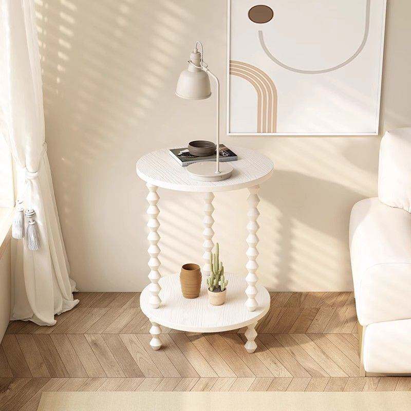 ?法式中古全实木圆形边几沙发侧边小桌子奶油风花架置物架复古客