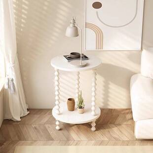 ?法式中古全实木圆形边几沙发侧边小桌子奶油风花架置物架复古客