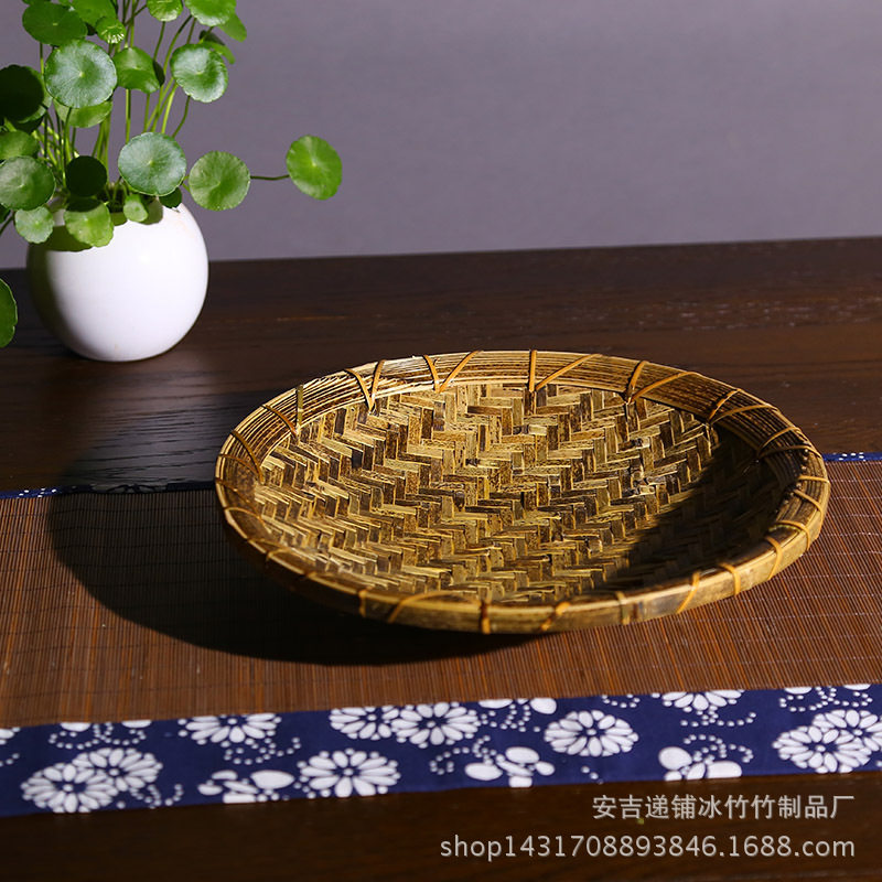 手工紫竹编果盘水果篮竹簸箕茶道配件盛物器茶道茶具收纳篮