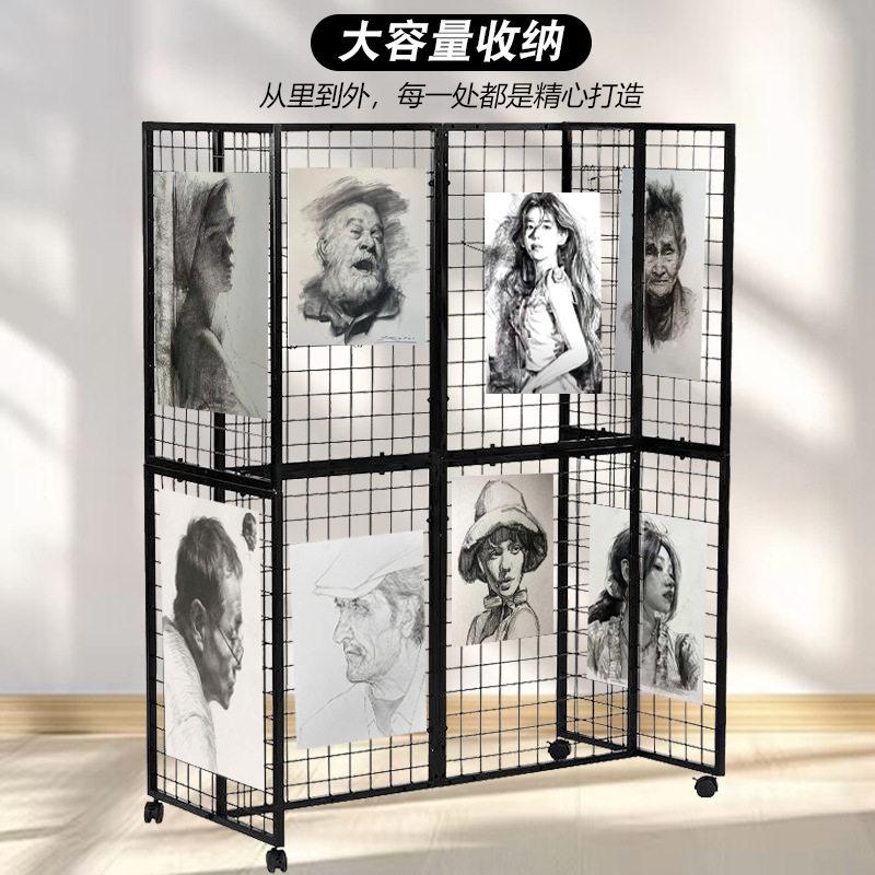 工业风铁丝网装饰网格铁艺屏风隔断画展展示架折叠可移动折叠网架