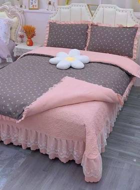 a类母婴级可被亲肤针织棉床盖四pxx1002件套花边床三件套床单裙套