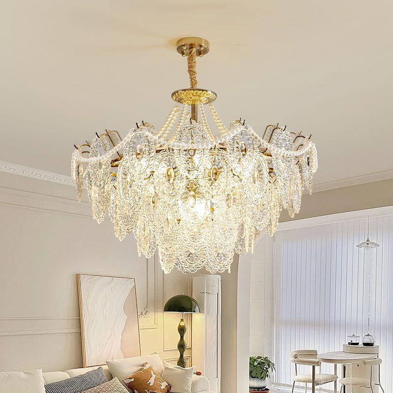 朗上式奶油风灯轻奢吊水晶玻78璃法珍珠简卧室灯现代约大气客厅吊