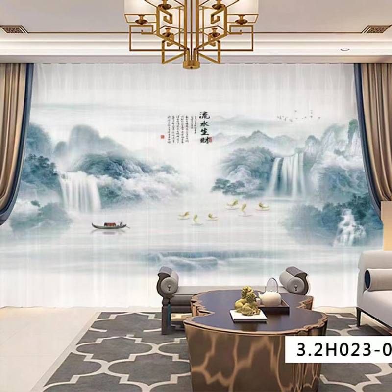现代新中式水墨山水画风景客厅书房高档卧室窗帘禅意纱帘窗纱成品