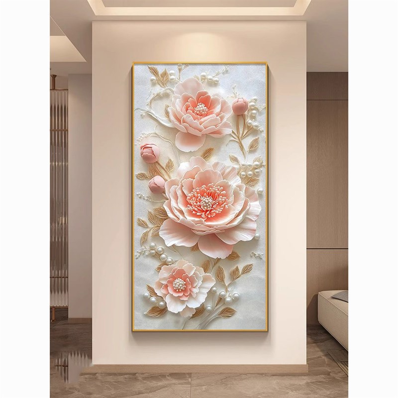 奶油风牡丹花玄关挂画开门正对墙客厅装饰画花开富贵走廊过道壁画图片