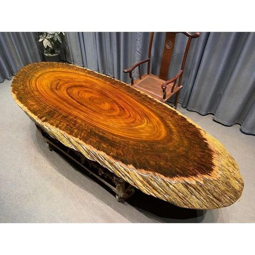 奥坎实木大板斜切椭圆形餐桌圆盘饭桌原木自然边斜盘随形茶桌茶