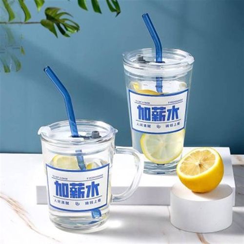 加薪水杯子吸管水杯玻璃杯果汁杯奶茶家用带盖喝水可爱女夏季牛奶