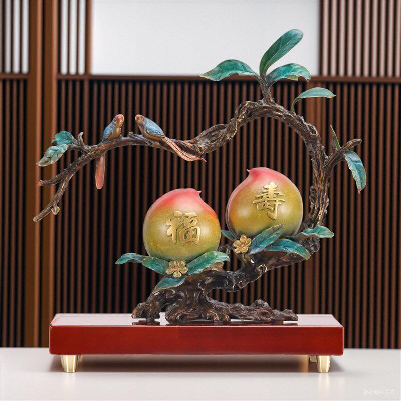 全铜福寿双全寿桃摆件玄关客厅酒柜蟠桃装饰品乔迁送长辈贺寿礼品