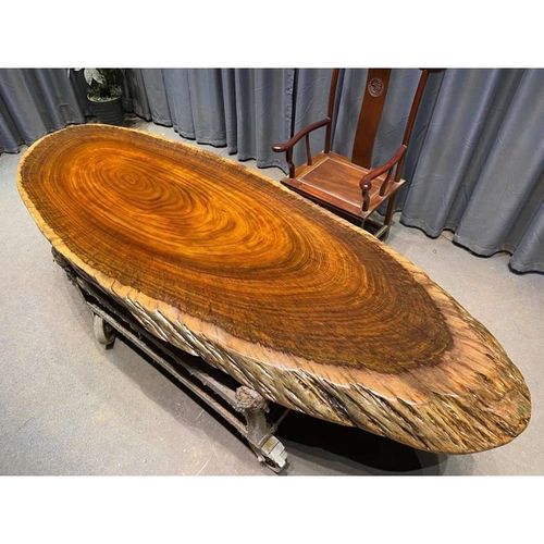 奥坎实木大板斜切椭圆形餐桌圆盘饭桌原木自然边斜盘随形茶桌茶