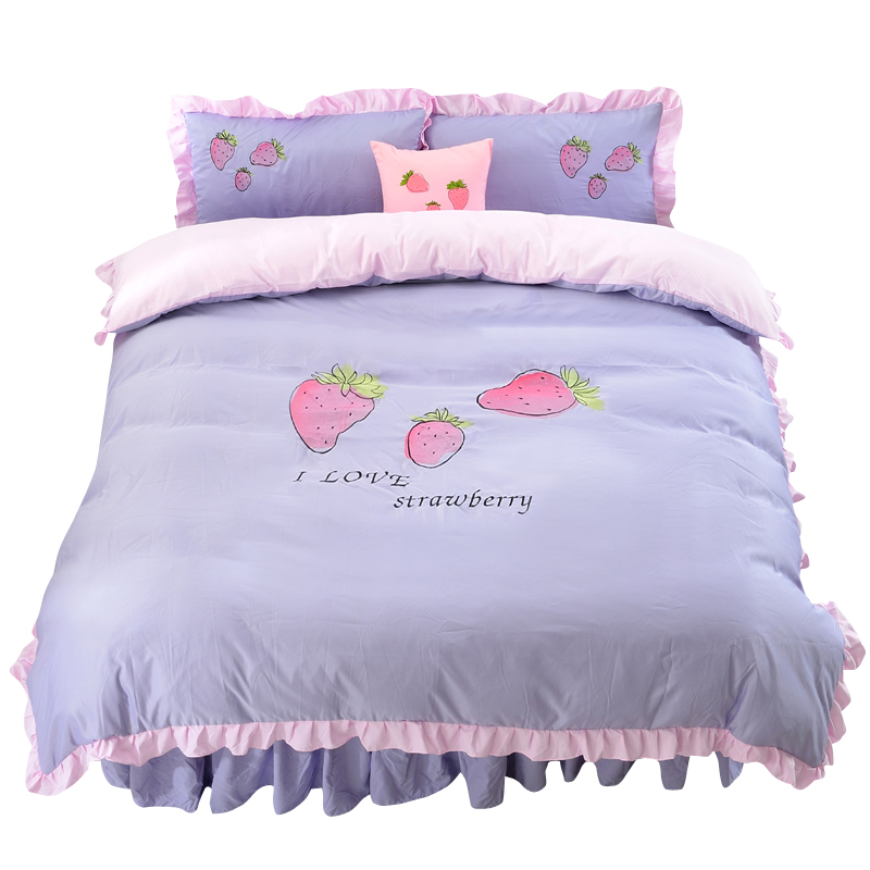 小草莓床裙四件套少女心学生宿舍卡通公主全棉三件套床上用品