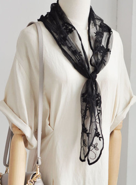 蕾丝三角巾成人纱巾女夏天轻薄围巾小领J巾长条黑色白色刺绣小丝