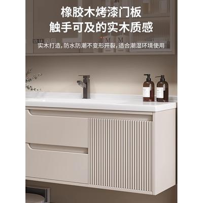 轻型法式奶油风格浴室柜北欧风格陶瓷集成盆实木智能洗手盆