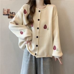 洋气减龄针织衫 韩系森系温柔风可爱小草莓刺绣毛衣开衫 女春秋新款
