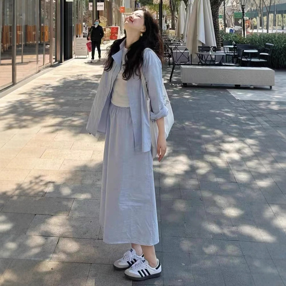 港风chic休闲运动套装女夏季简约百搭条纹防晒衬衫宽松长裙两件套