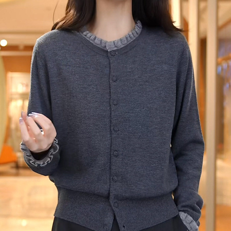 灰色毛衣外套女士秋季慵懒高级感洋气减龄显瘦木耳边针织开衫上衣