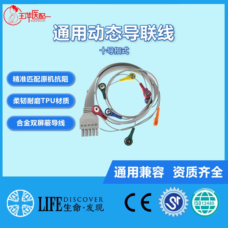 兼容康泰TLC4000m,5000,8000 动态心电导联线 Holter十导联线