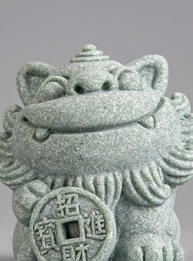 逗兽记新中式风狮爷铜钱办公玄关装饰摆件青砂石鱼缸饰品造景摆件