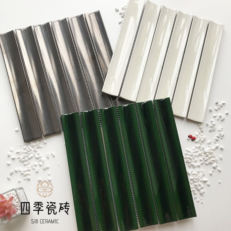 窑变月牙b长条形马赛克砖白色墨绿冰裂纹瓷砖浴室圆柱吧台背景墙