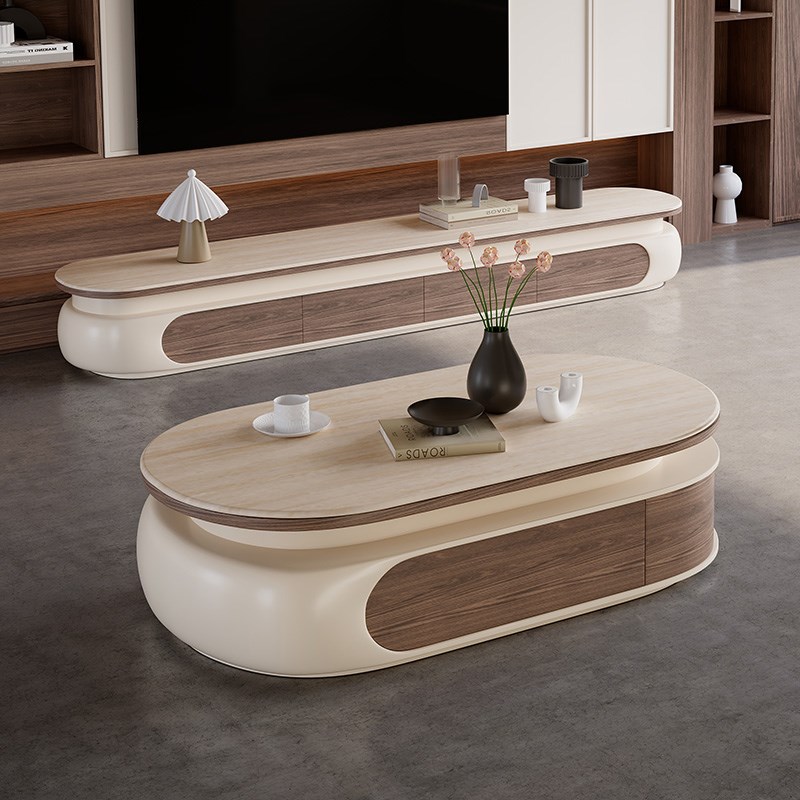 中古风茶几客厅家用胡桃木色奶油风现代简约椭圆形小户V型2025新