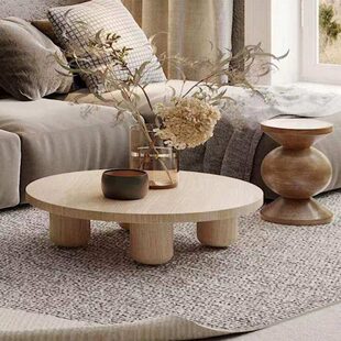 侘寂风原木圆形茶几简约实木客厅家用茶台北欧复古小户型民宿茶桌