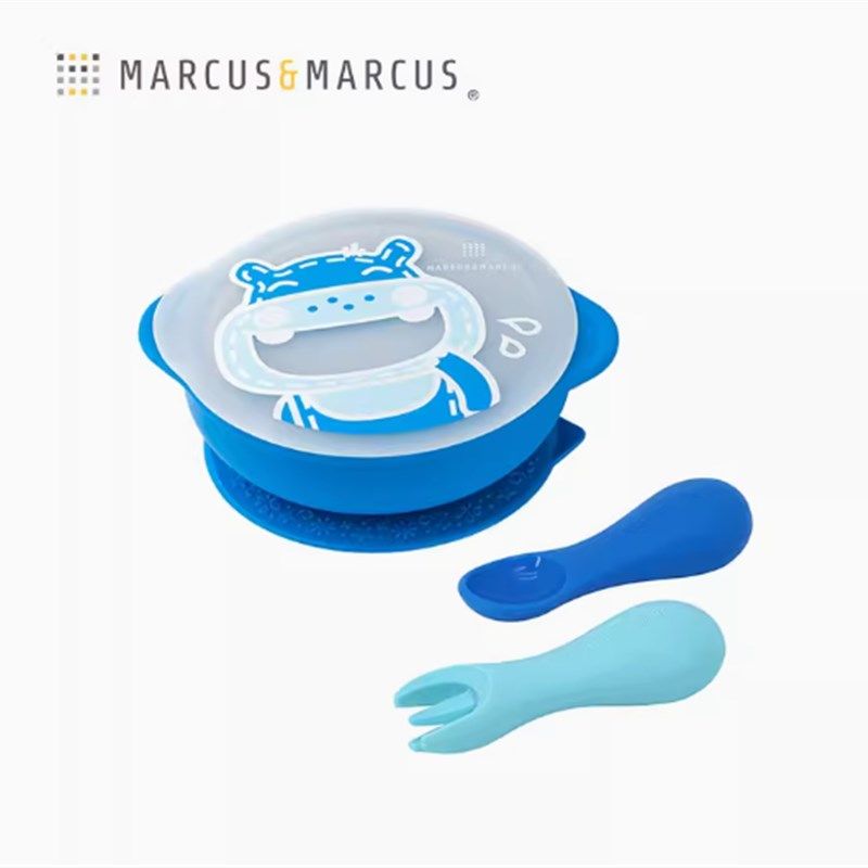 marcus硅胶软勺叉子婴幼儿辅食吸盘碗宝宝学吃训练短柄儿童餐具套