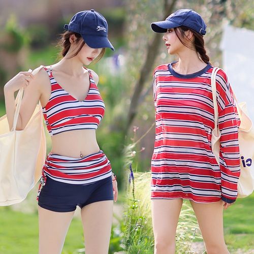 绝美泳衣女分体三件套保守学生罩衫长袖防晒海边宽松胖mm遮肉显瘦