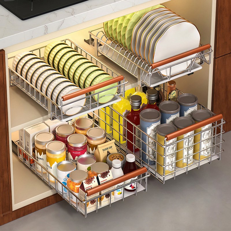 厨房不锈钢碗碟架橱柜内置物架抽屉式拉篮收纳抽拉放碗盘子沥水架