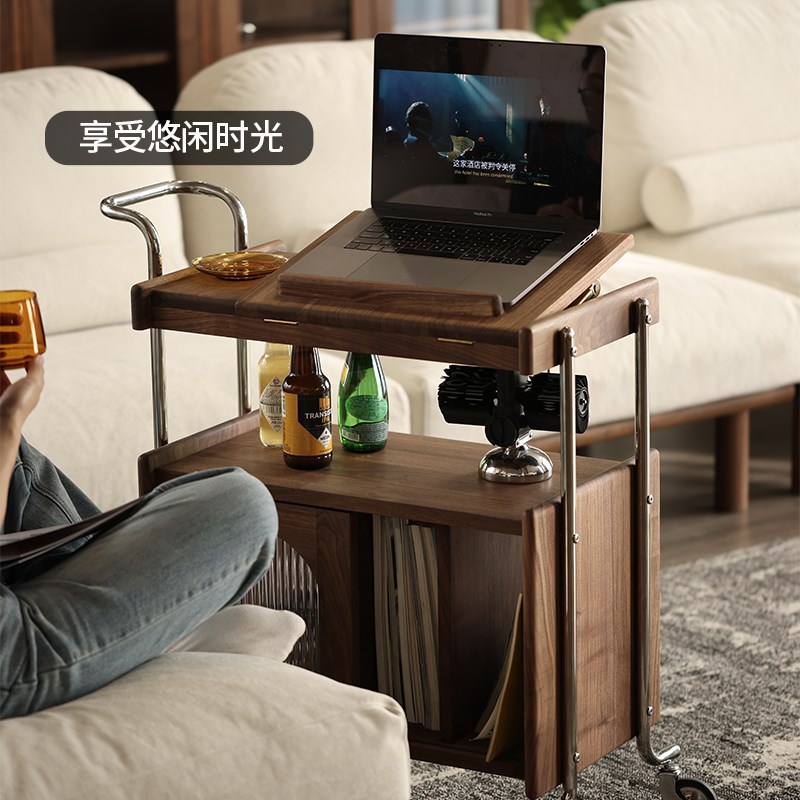 北美黑胡桃木实木边几可移动茶几客厅沙发边柜收纳储物茶水柜茶车