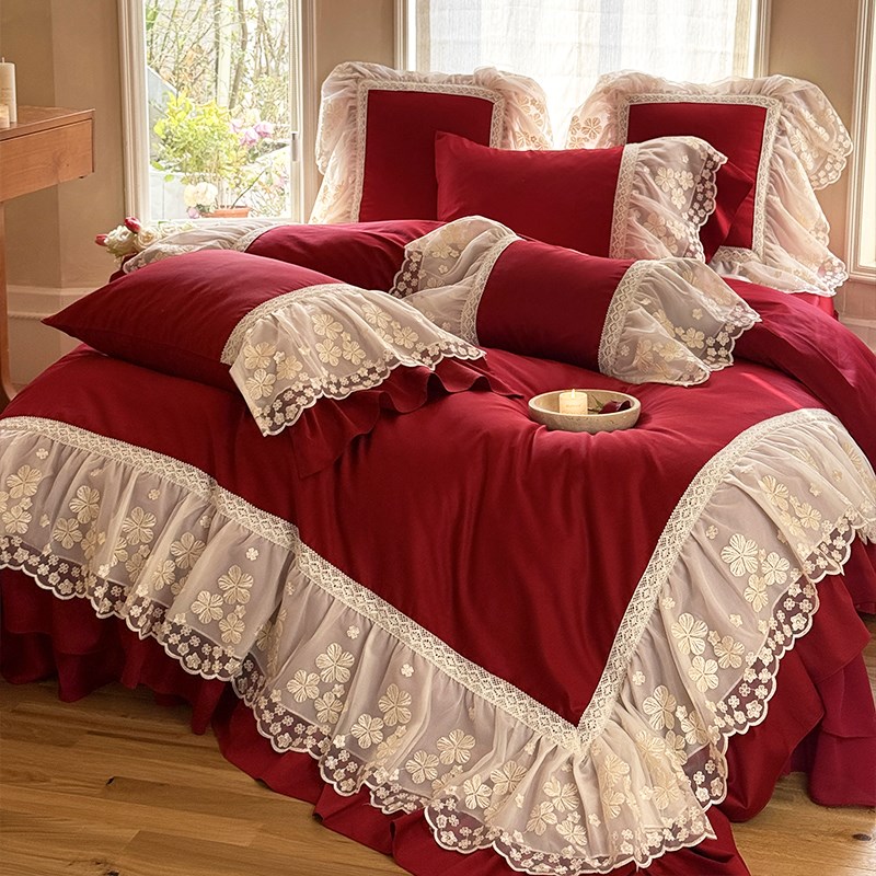 仙气浪漫风蕾丝花边全棉四件套酒红色被套纯棉床盖公主风床上用品