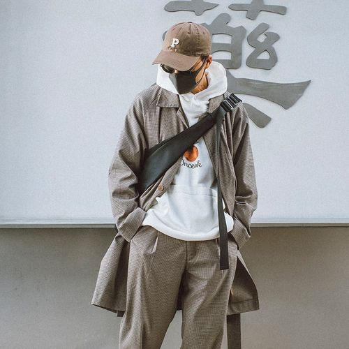 【349元任选3件】季千鸟格纹中长款BF宽松气质青年束带工装风衣男