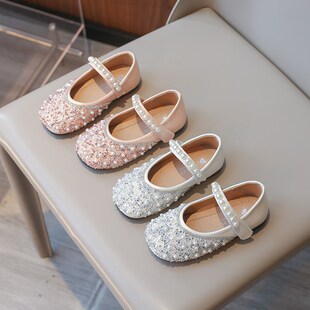 公主鞋小女孩水晶小皮鞋春秋新款女宝宝软底浅口瓢U鞋亮晶晶舞蹈