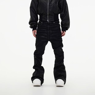 潮 S小众暗黑刷蜡涂层飘带微弹阔腿喇叭拖地堆积牛仔长裤 ASTT 24S