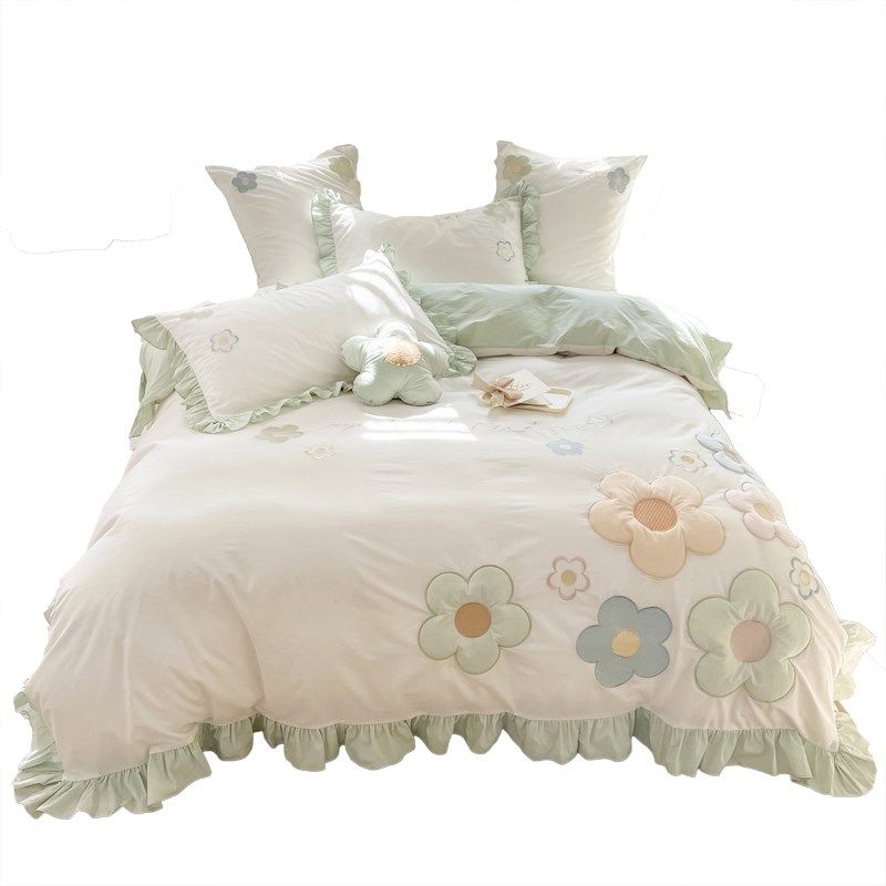 公主风纯棉四件套全棉床单被套ins风高档床上用品女孩三件套夏季