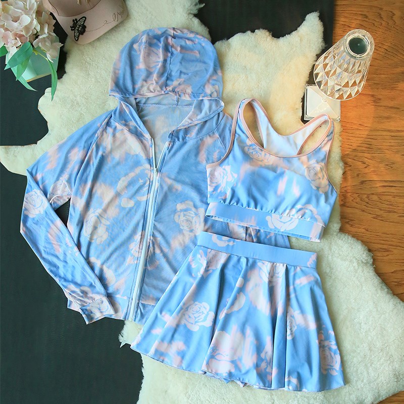 微胖女孩大码泳装女生分体式三件套显瘦遮肚子长袖宽松罩衫泡温泉