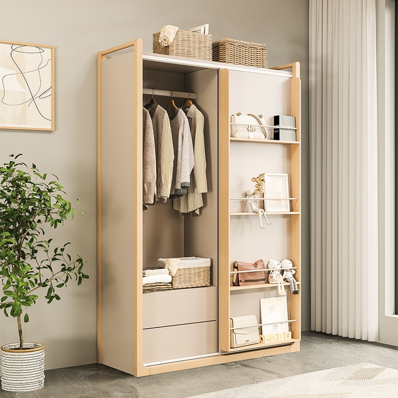 实木推拉门衣柜现代简约带书架新款储物柜卧室家用靠墙儿童大衣橱
