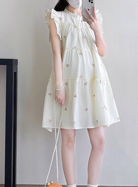 孕妇装2025年夏季新款杏黄色慵懒风格宽松覆盖腹部显瘦瘦风格小中