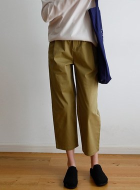 日系文艺通勤宽松纯棉布半松紧腰萝卜九分裤2024早春卡其艺间出品